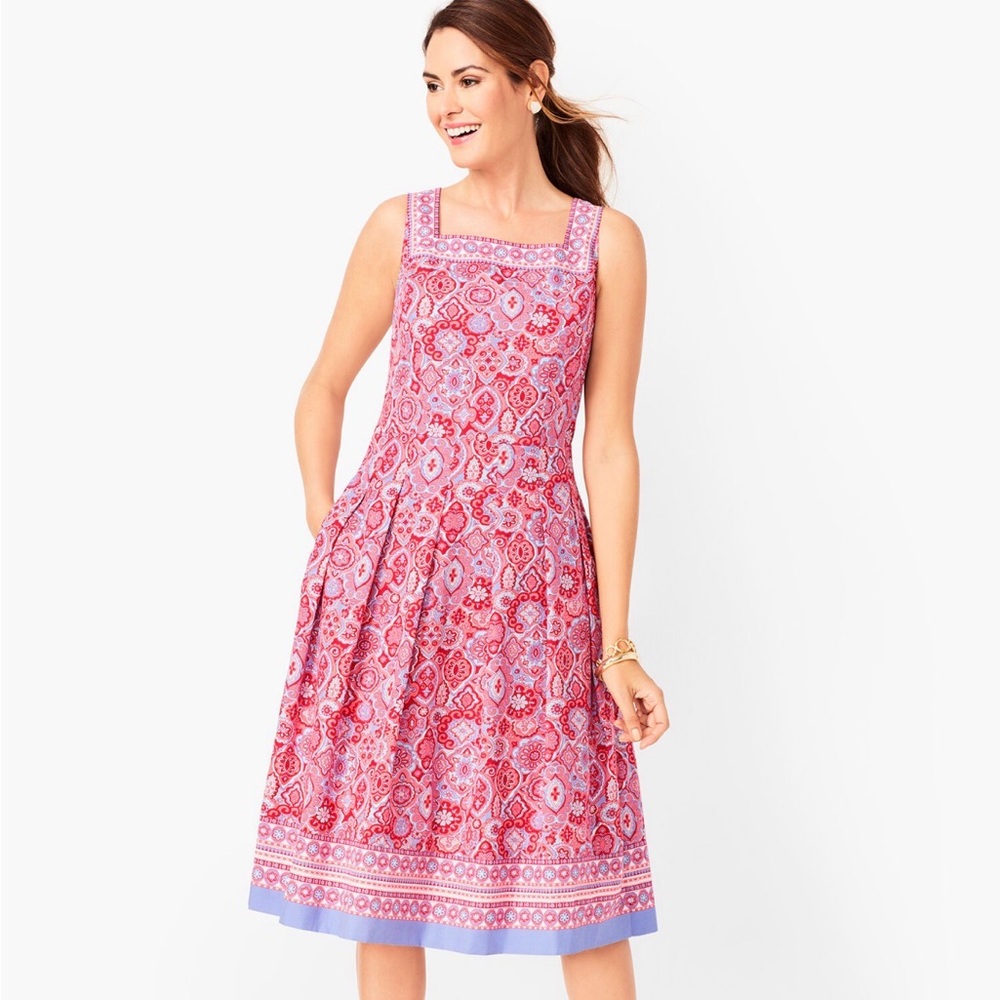 Talbots Medallion Print 100% Cotton Square Neck Midi Dress Pockets Size 6P
